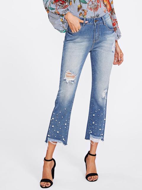 Pantaloni Di Jeans Con Perle Sintetiche E Strass