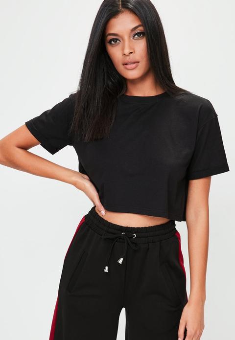 Black Roll Sleeve Crop Top, Black