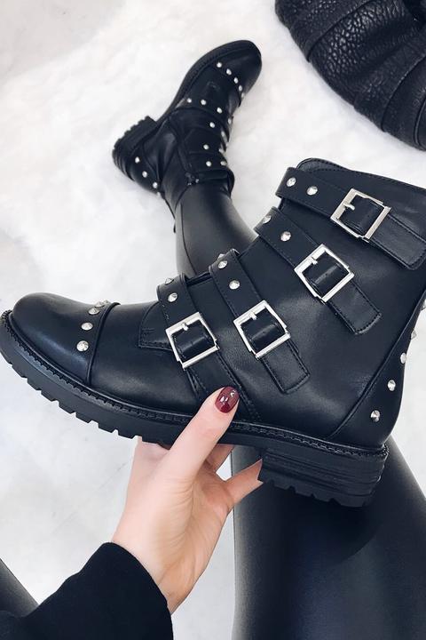 Kaylee Black Multi Buckle Studded Ankle Boots
