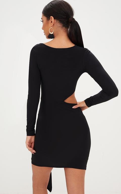 Black Long Sleeve Cut Out Drape Front Bodycon Dress