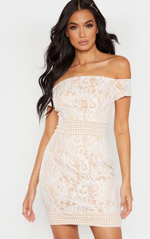 White Bardot Lace Crochet Bodycon Dress