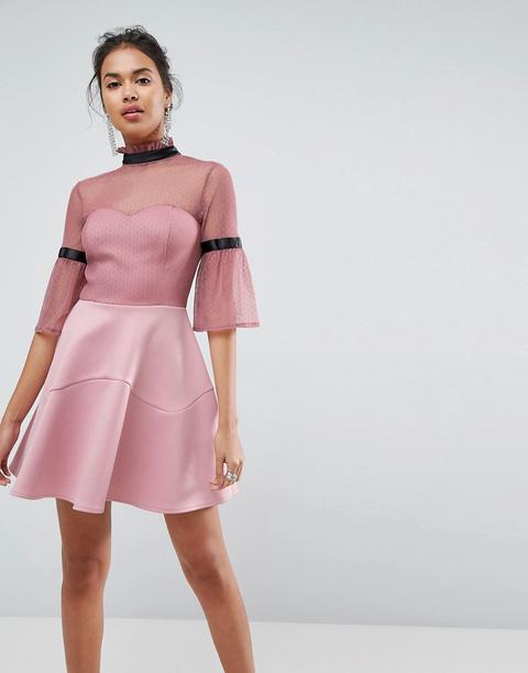 Asos - Vestitino A Pieghe In Tessuto A Pallini Con Collo Alto E Maniche Svasate - Rosa