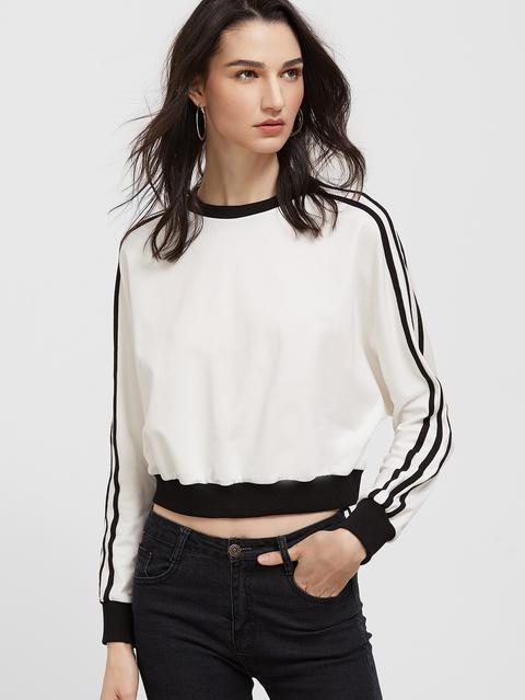 White Contrast Trim Striped Sleeve Sweatshirt