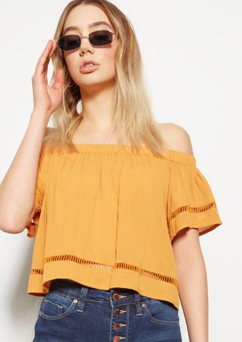 Mustard Open Stitch Off The Shoulder Top