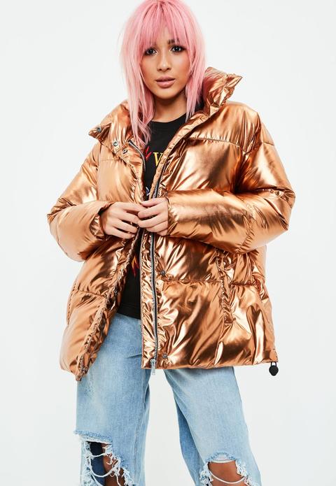 Gold Metallic Puffer Jacket, Pink