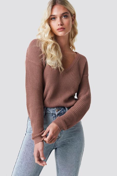Na-kd Deep Front V-neck Knitted Sweater - Pink