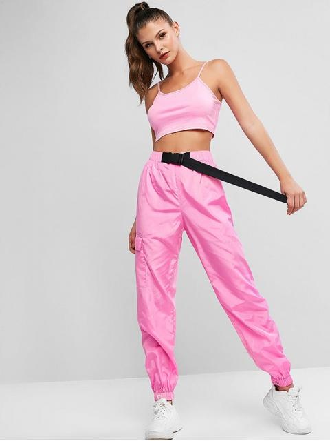 Zaful Ensemble De Pantalon De Jogging Bouclé À Bretelle Avec Poche Deux Pièces Hot Pink