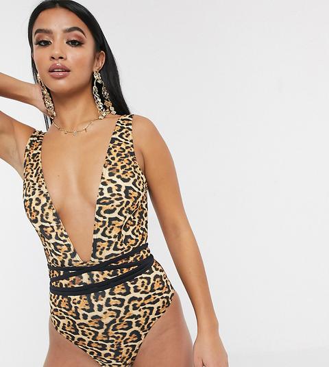 Bañador Escotado Con Cinturón Glamuroso En Estampado Animal De Leopardo De Asos Design Petite-multicolor