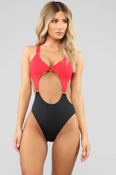 Here And There Cut Out Swimsuit - Red/black