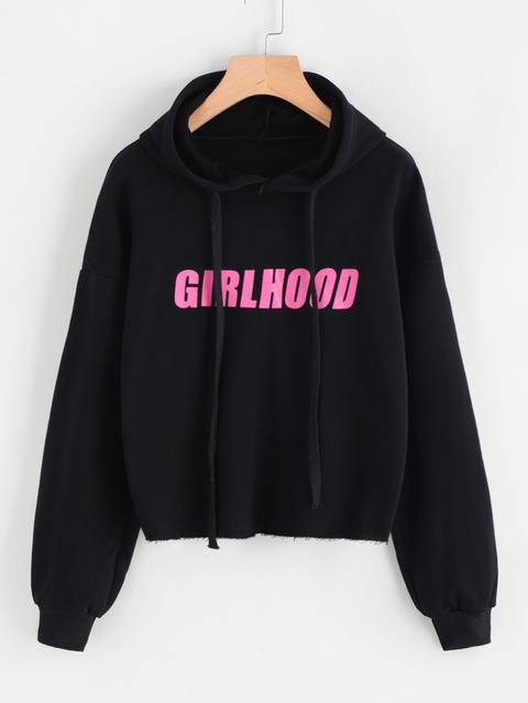 Drop Shoulder Letter Print Raw Hem Hoodie