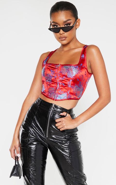 Red Satin Print Zip Front Corset