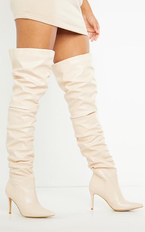 Cream Slouch Mid Heel Point Toe Thigh High Boot