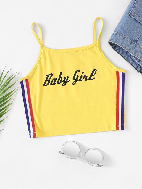 Slogan Print Striped Side Cami Top