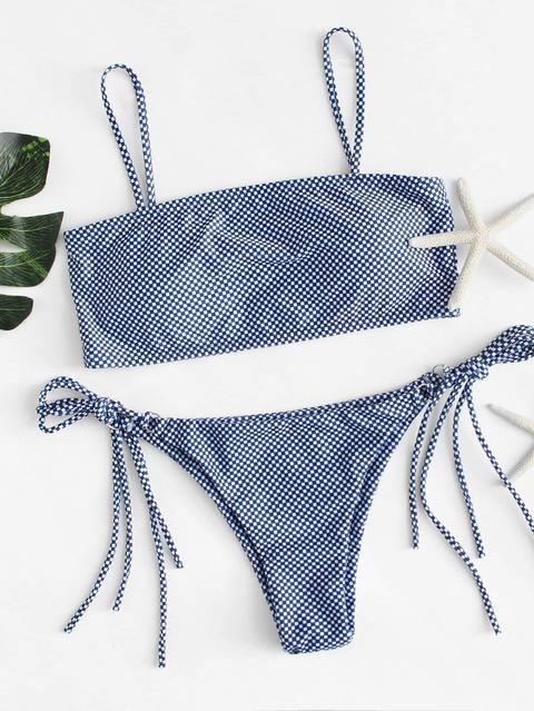 Set De Bikini De Cuadros Con Cordón Lateral