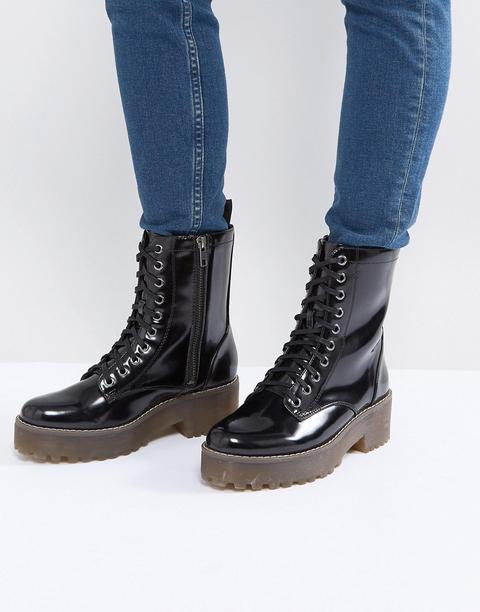 Monki - Bottes De Motard Vernies À Lacets - Noir