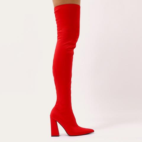 Swoon Sock Fit Pointed Toe Over The Knee Boots In Red Stretch