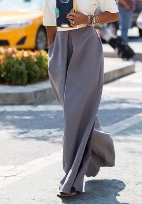 Pantaloni Lunghi Pianura Pieghe Palazzo Alto Gamba Larga Larghi Moda A Vita Grigio