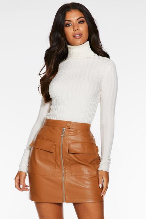 Tan Faux Leather Zip Front Mini Skirt