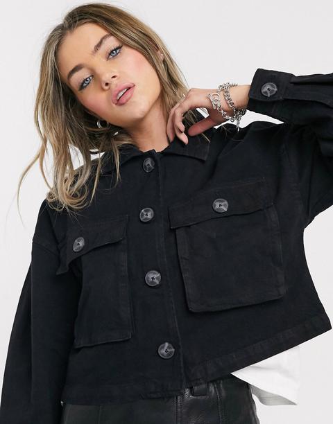 Bershka Canvas Jacket With Pocket Detail In Black