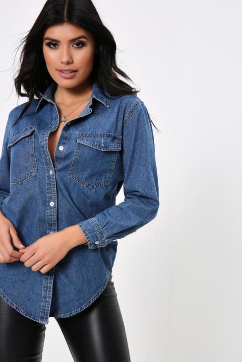 Mid Wash Plain Denim Shirt