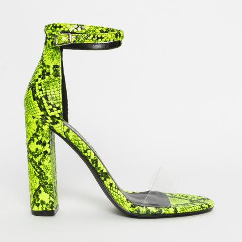 Misha Neon Yellow Snake Clear Block Heels