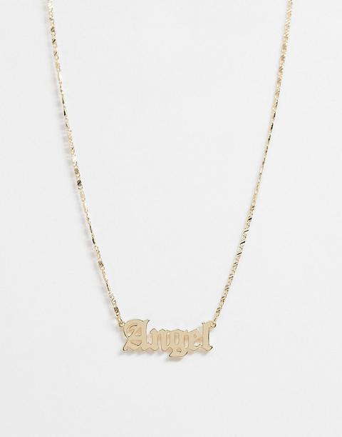 Asos Design Necklace With Angel Gothic Font In Gold Tone