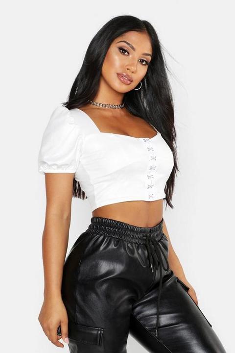 Hook & Eye Detail Pu Peasant Top