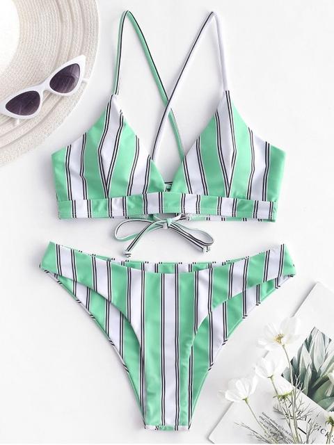 Bikini De Rayas Con Cruz De Criss Zaful Algae Green