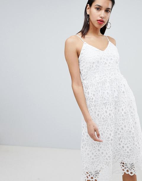 Vila - Vestito Midi Bianco In Pizzo Con Spalline Sottili - Bianco