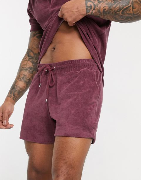 Asos Design Co-ord Towelling Slim Shorts In Berry-purple