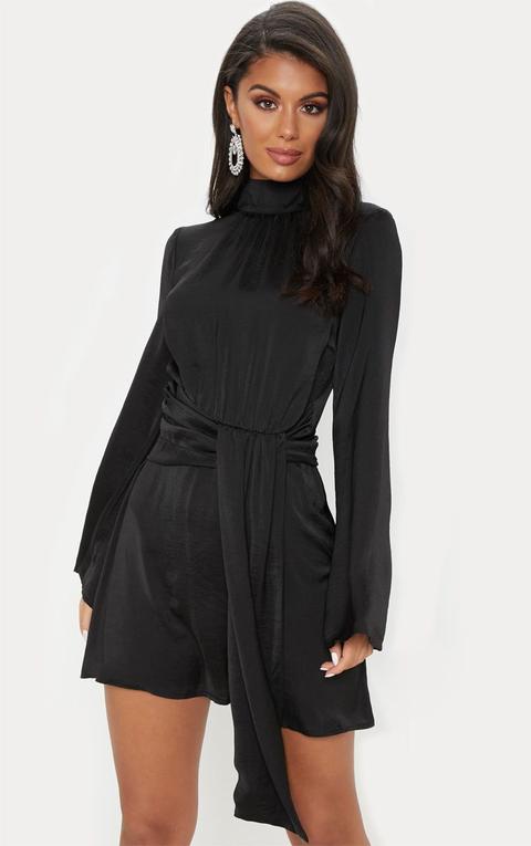 Black Hammered Satin High Neck Drape Bodycon Dress