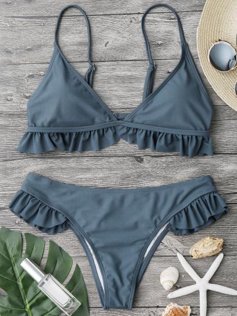 Conjunto De Bikini Con Pliegues Acolchados Con Volantes Stone Blue