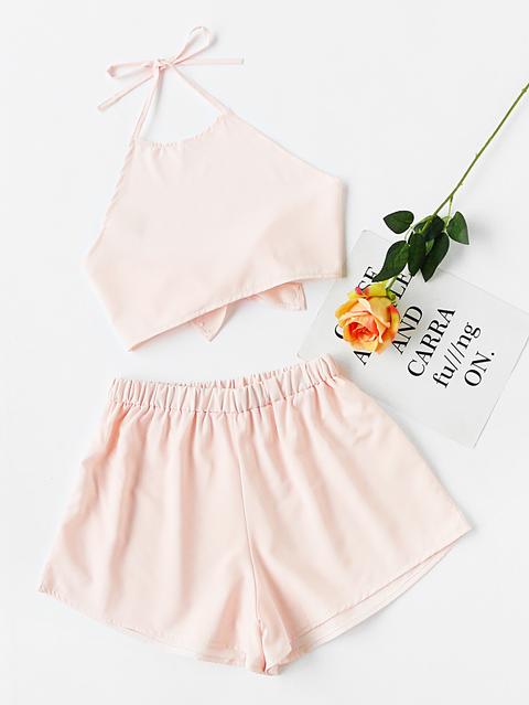 Halter Neck Bow Tie Open Back Top And Shorts Set