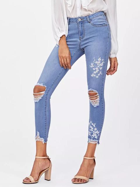 Flower Blossom Embroidered Knee Ripped Jeans