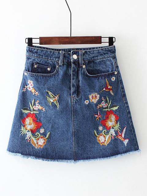 Gonna Di Jeans Con Ricamo Di Fiore