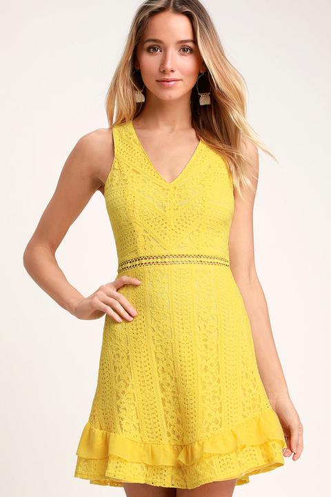 Love You Always Yellow Lace Skater Dress - Lulus