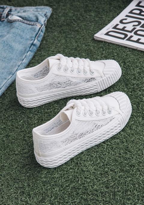 Scarpe Tela Incrociata A Righe In Pizzo A Righe Bianca