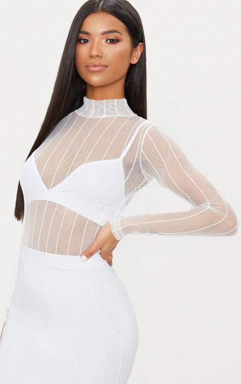 Cream Mesh High Neck Stripe Thong Bodysuit