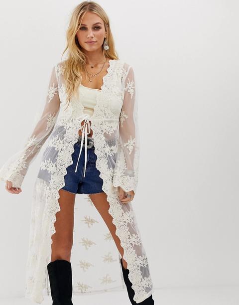 En Creme Maxi Kimono In Lace With Tie Front Detail