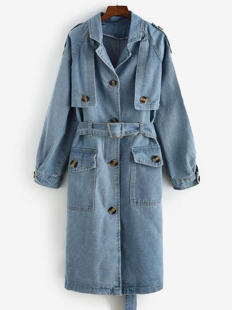 Longline Belted Pockets Denim Trench Coat Denim Blue
