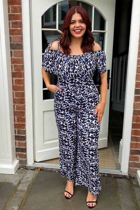 Blue Jumpsuits - Ladbaby Mum Blue Animal Print Off Shoulder Jumpsuit