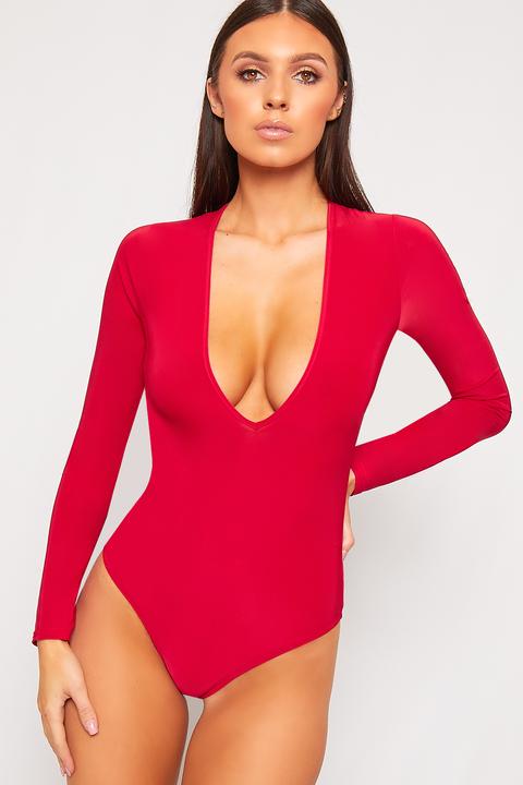 Alexa Slinky Plunge V-neck Long Sleeve Bodysuit - Red