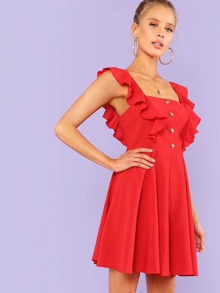 Fit & Flare Button Up Dress With Ruffle Strap