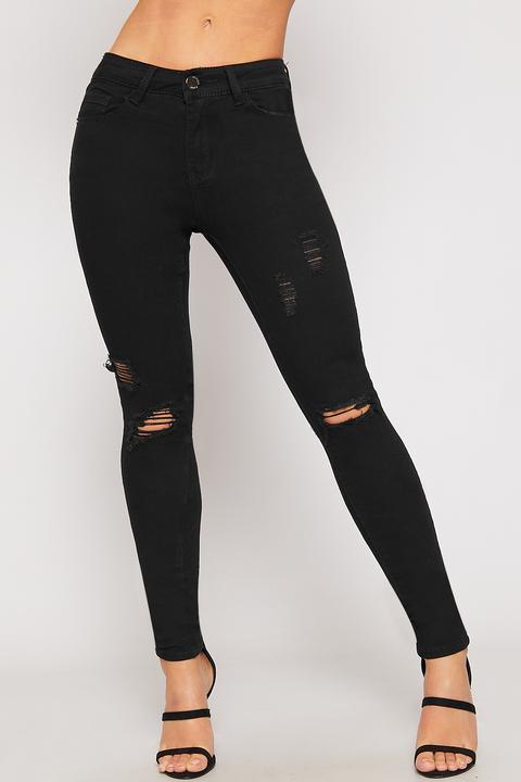 Iris High Waisted Ripped Knee Denim Skinny Jeans - Black