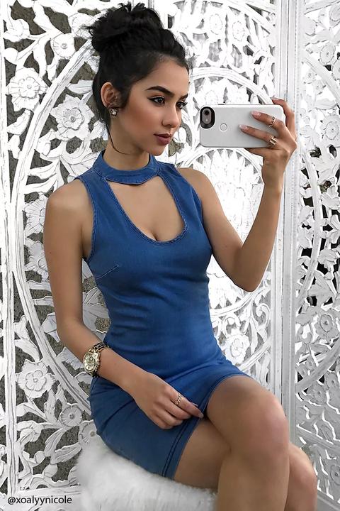 High Neck Denim Bodycon Dress