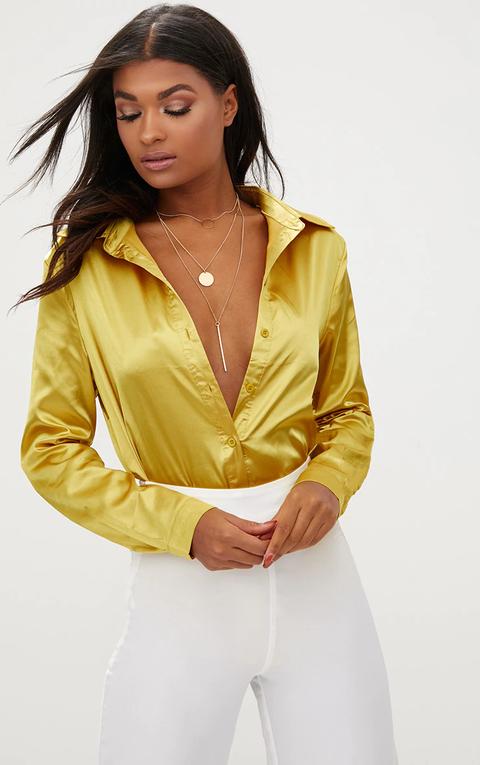 Chartreuse Satin Button Front Shirt, Chartreuse