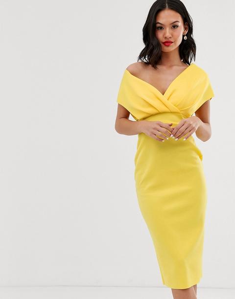 fallen shoulder midi pencil dress with tie detail