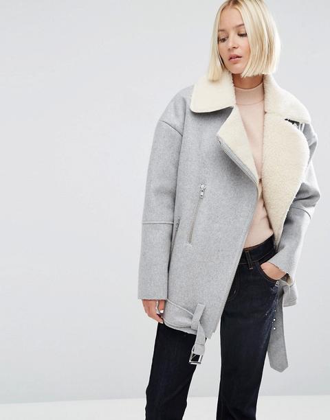Chaqueta Biker De Lana Con Cuello De Borreguito De Asos White