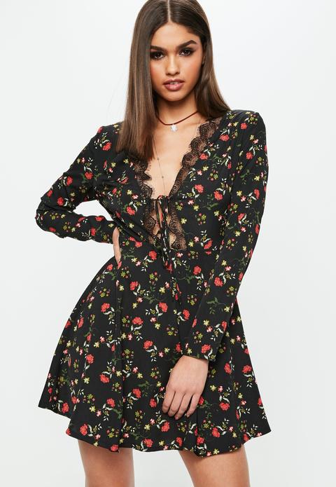 Black Long Sleeve Lace Trim Tea Dress