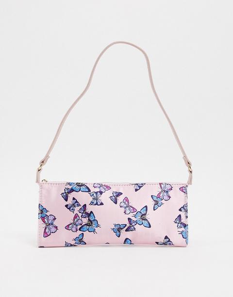 Asos Design 90s Satin Elongated Shoulder Bag In Butterfly Print-multi